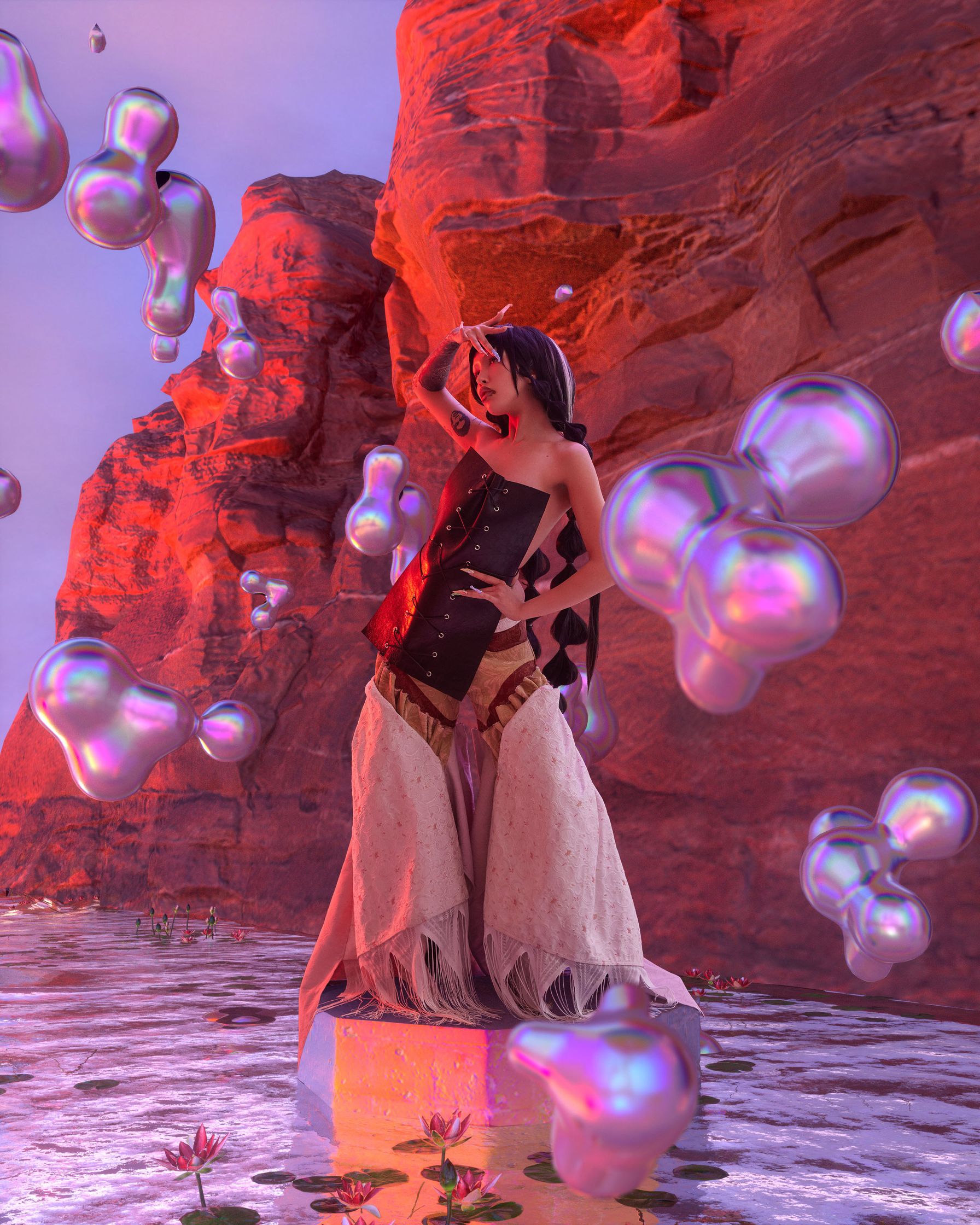 a woman is standing in the water with bubbles floating around her