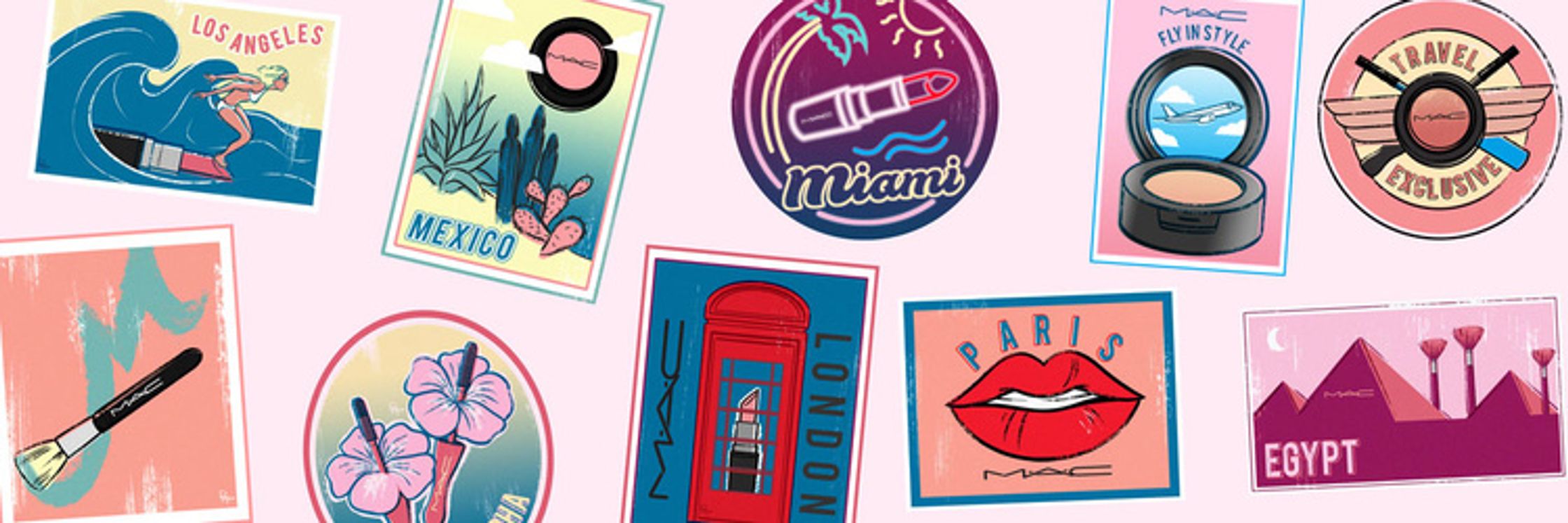 a collection of illustrated travel stickers with different designs on them by Paul Tuller for MAC Cosmetics, beauty illustrations