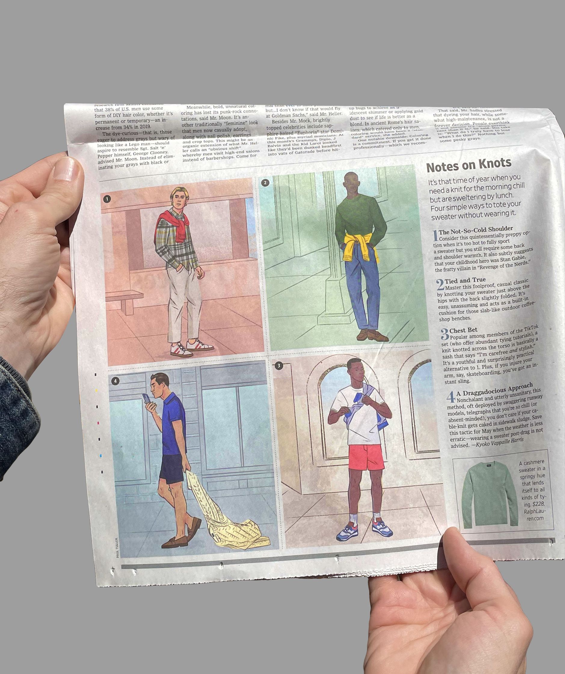 a person holding up a Wall Street Journal newspaper with illustrations by Paul Tuller of men's clothing