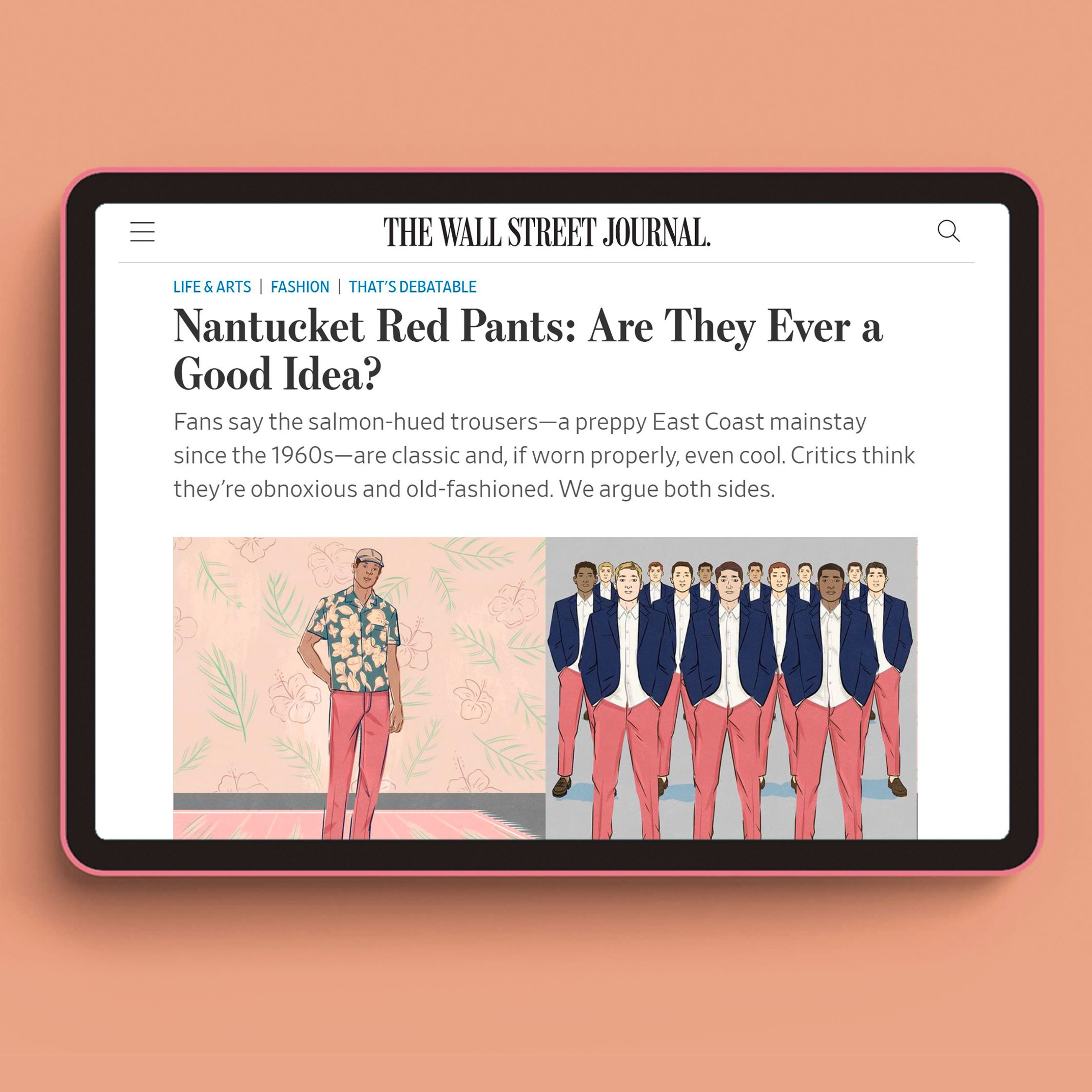 the wall street journal's nantucket red pants are a good idea, ipad showcasing the article with illustrations by Paul Tuller