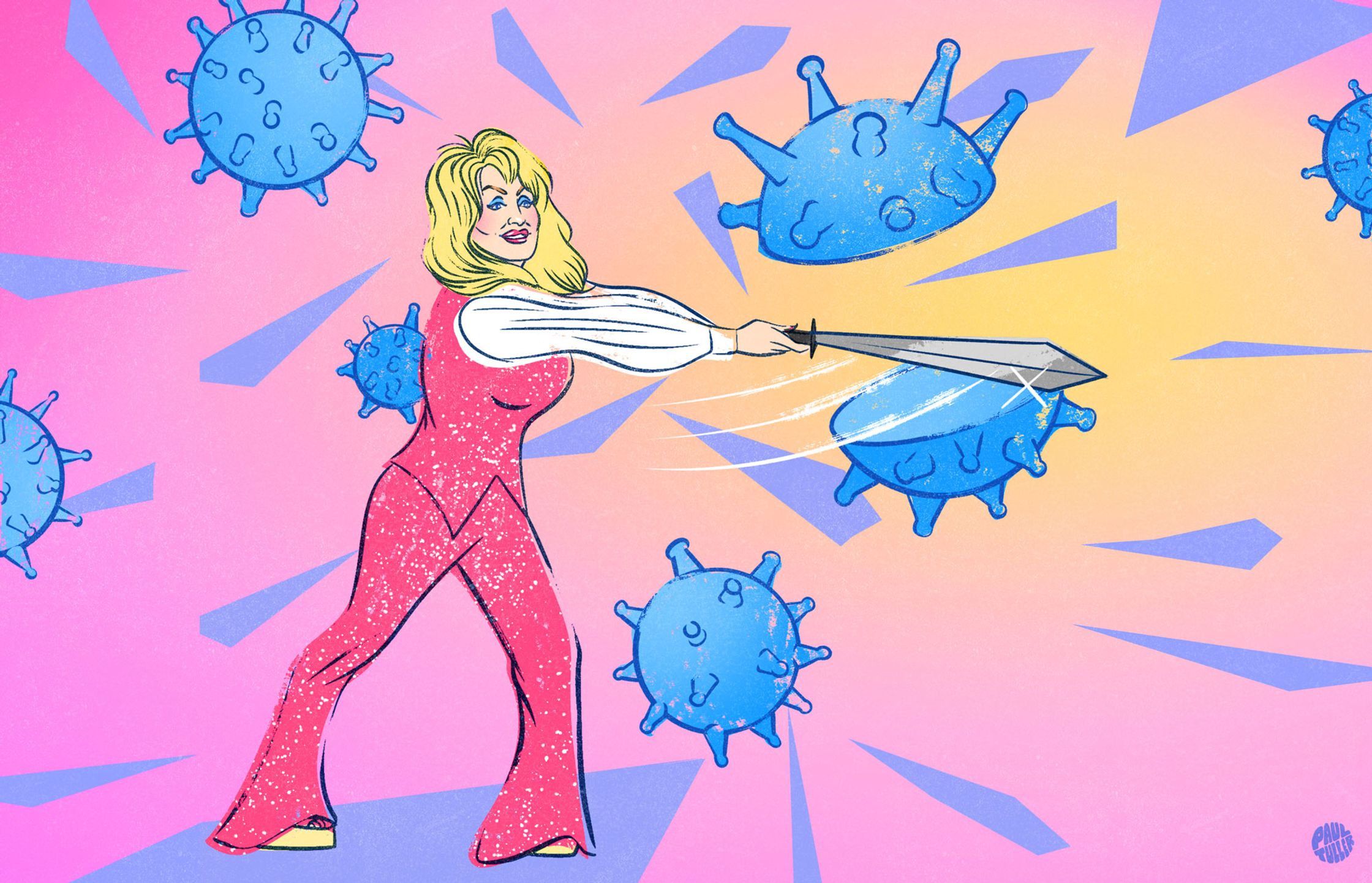 a Dolly Parton holding a sword in front of a group of coronaviruses defeating them, an illustration by Paul Tuller