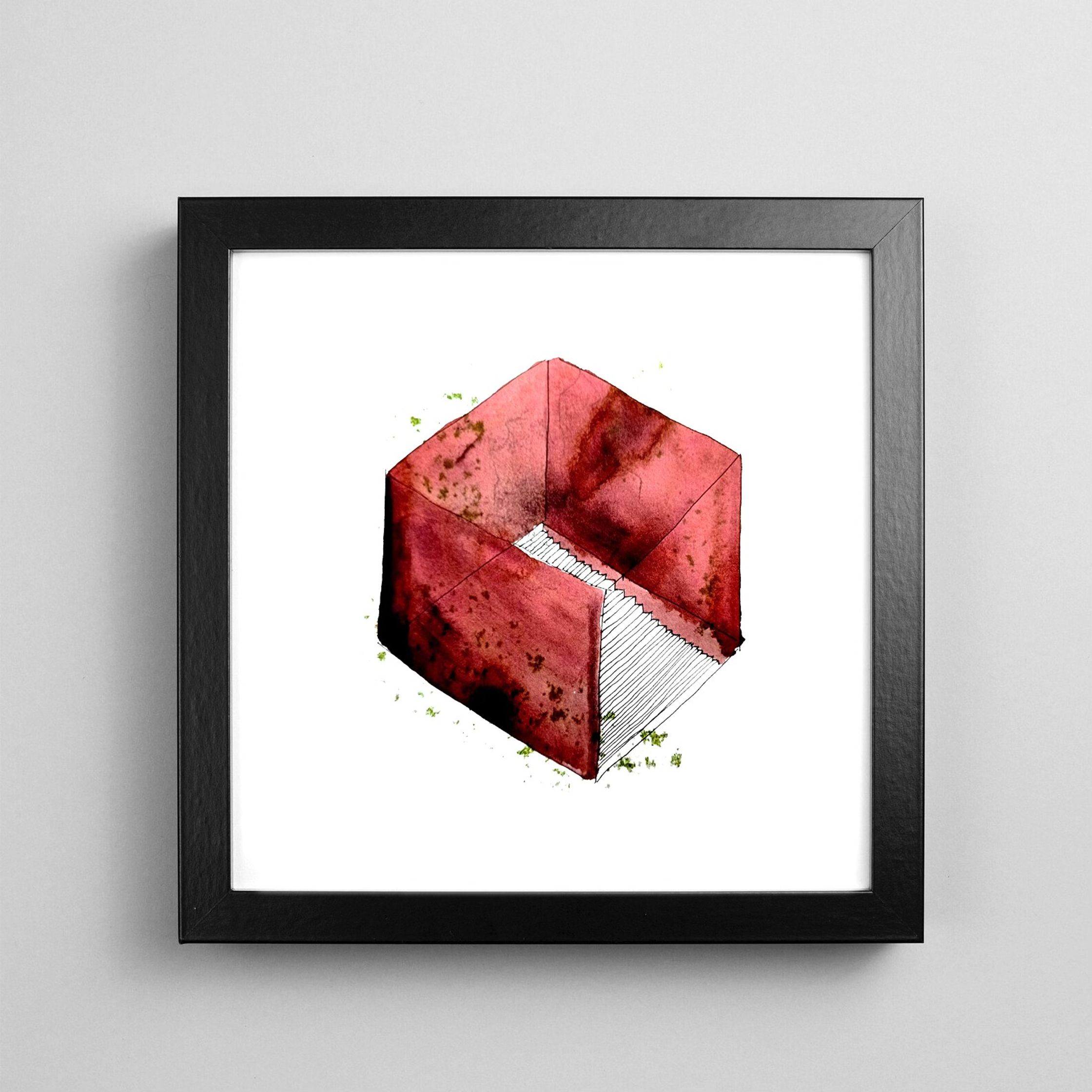 an ink painting of a red cube in a black frame