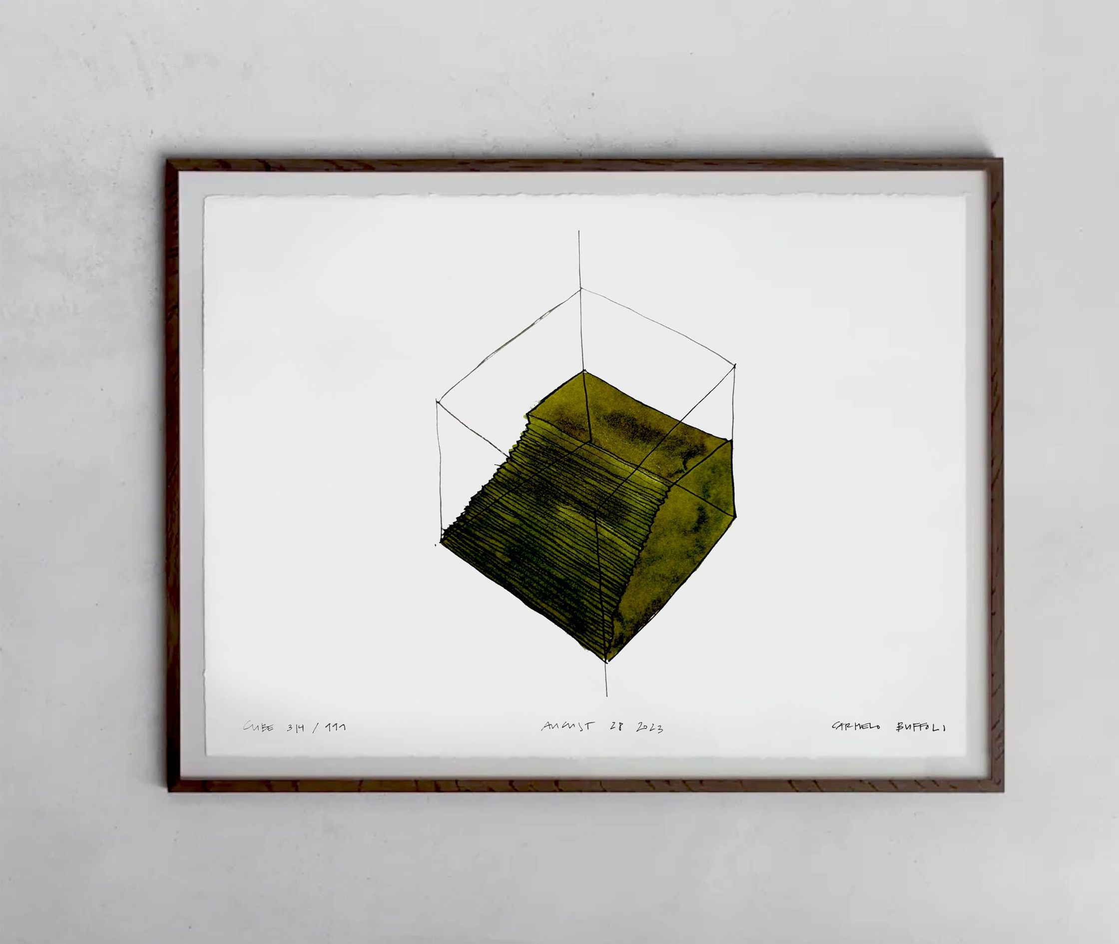 a drawing of a green cube on a wall