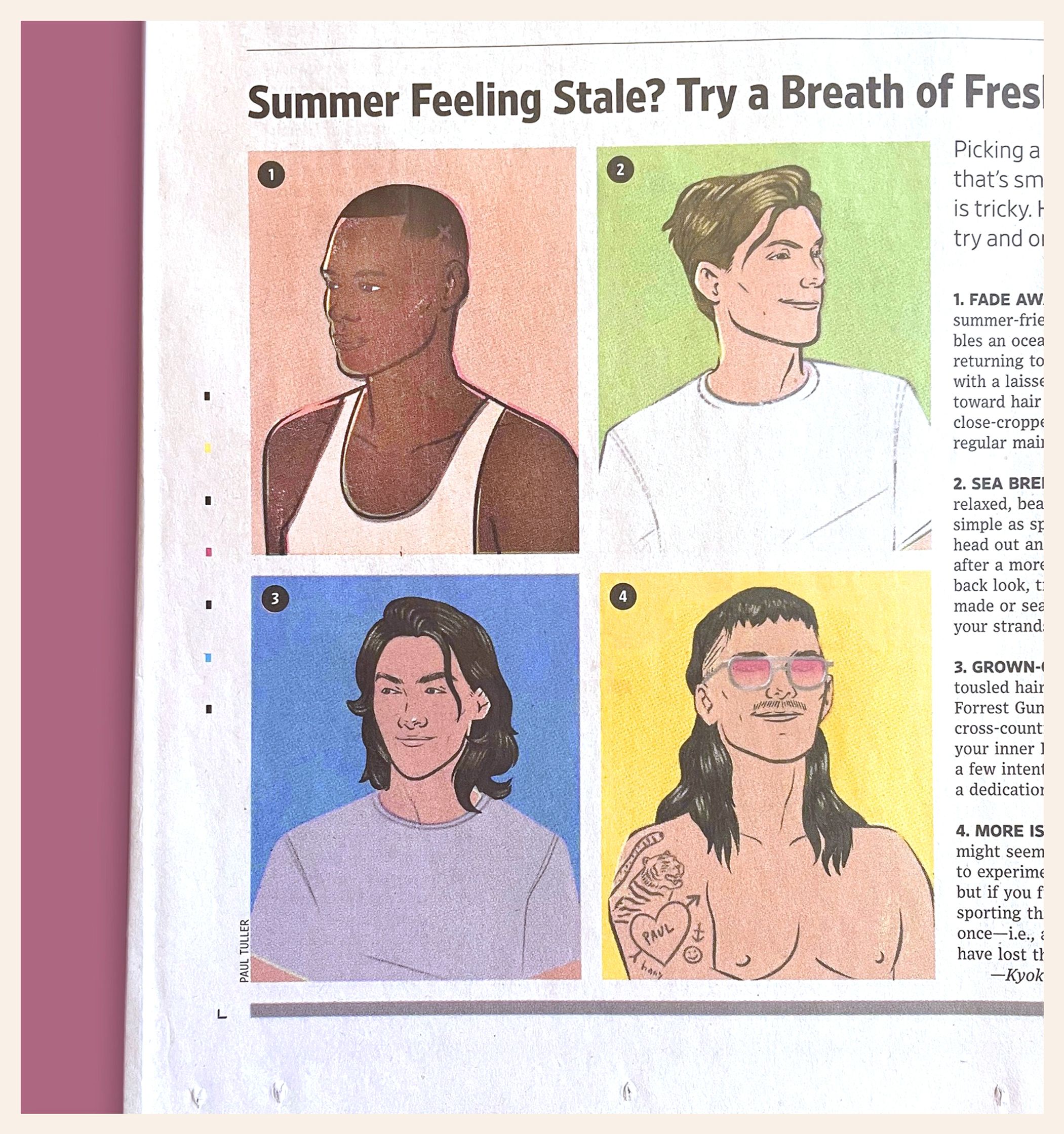 summer mens hairstyle illustrations by Paul Tuller in print for The Wall Street Journal