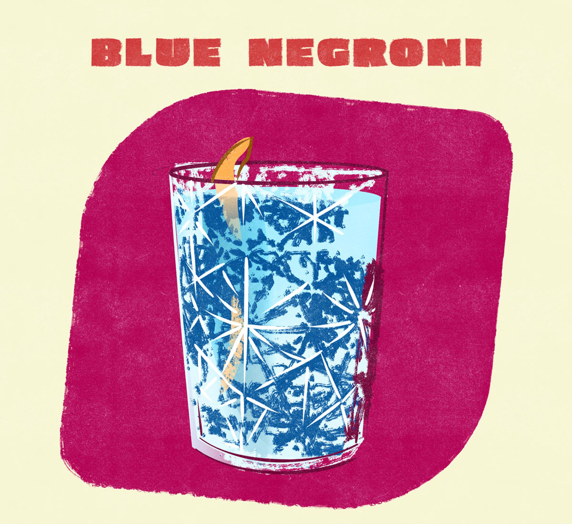 an illustration of a blue negroni cocktail by Paul Tuller for Coolhunting