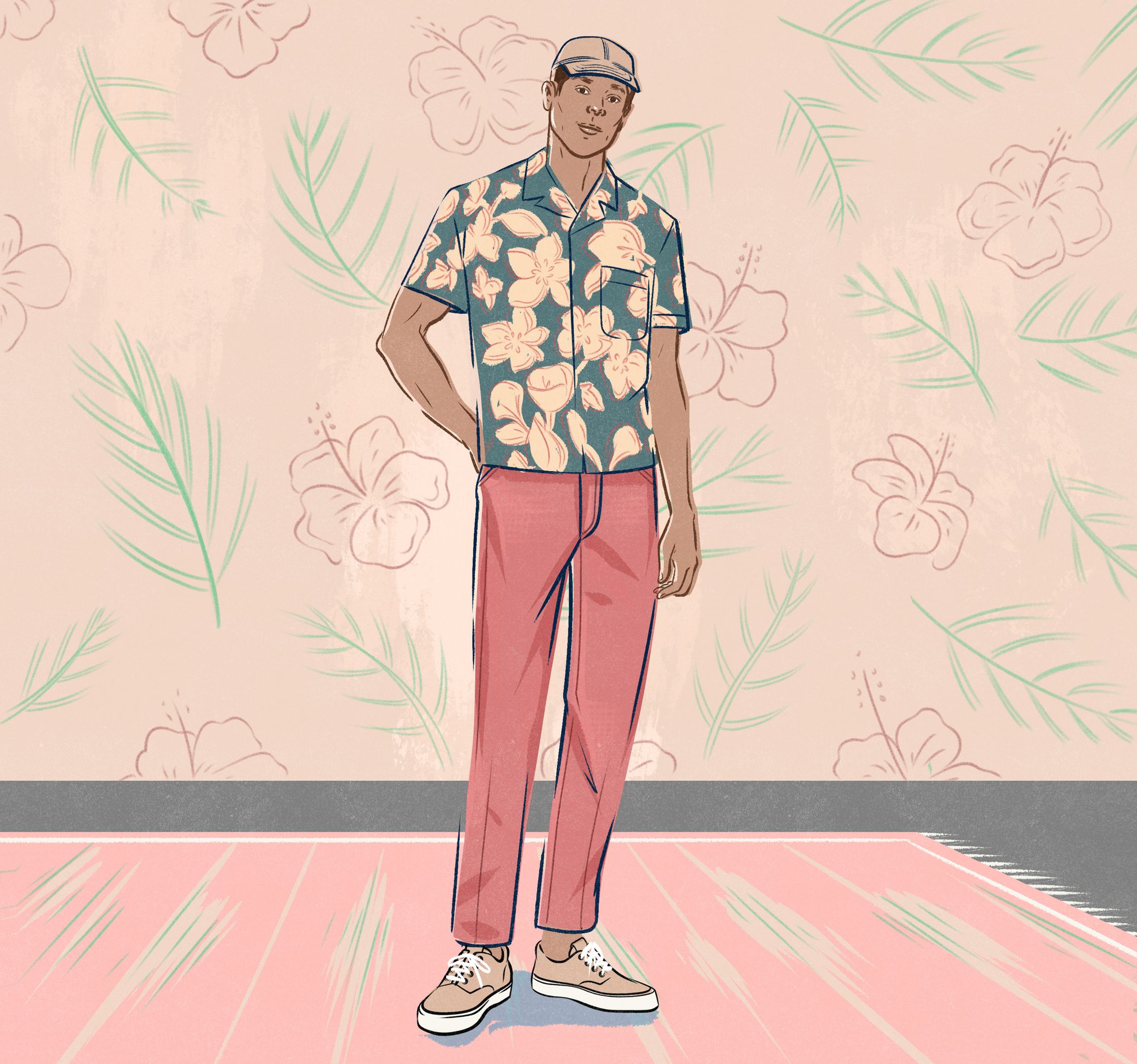 illustration by Paul Tuller of a man in a hawaiian shirt standing in front of a floral background and patterened rug for The Wall Street Journal Style Section