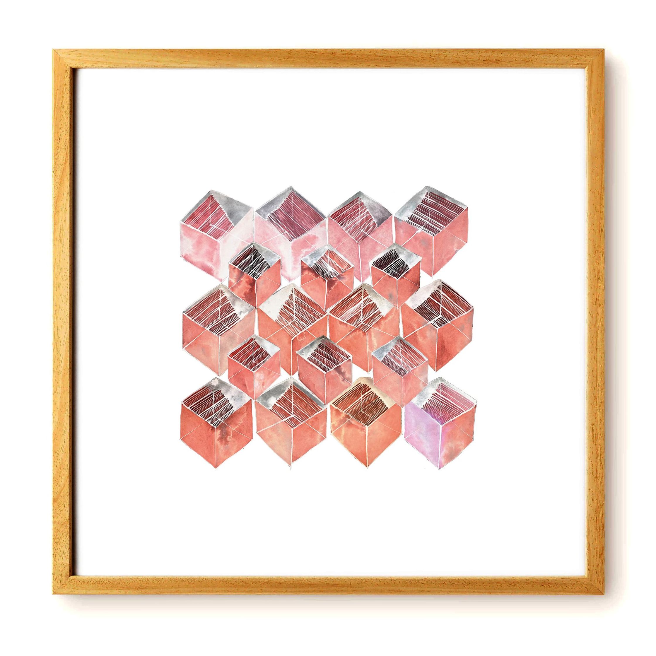 a ink composition of pink cubes in a wooden frame