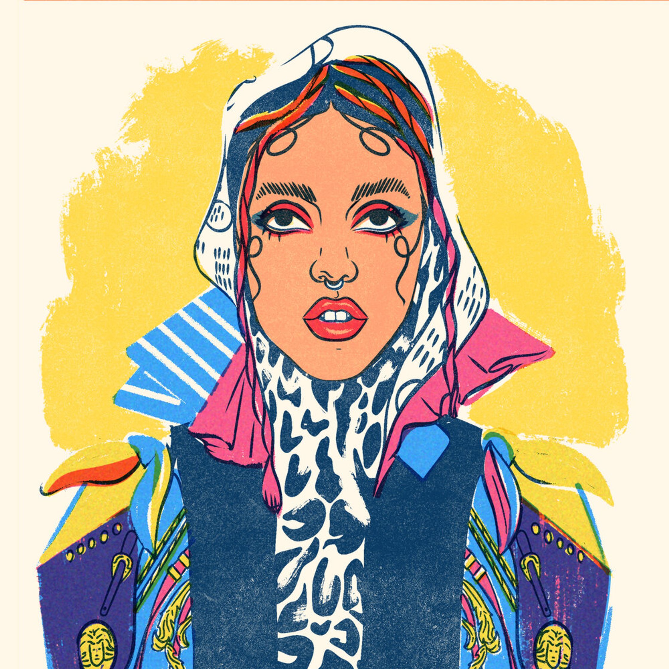 a fashion illustration by Paul Tuller of a woman wearing a head scarf, FKA Twigs