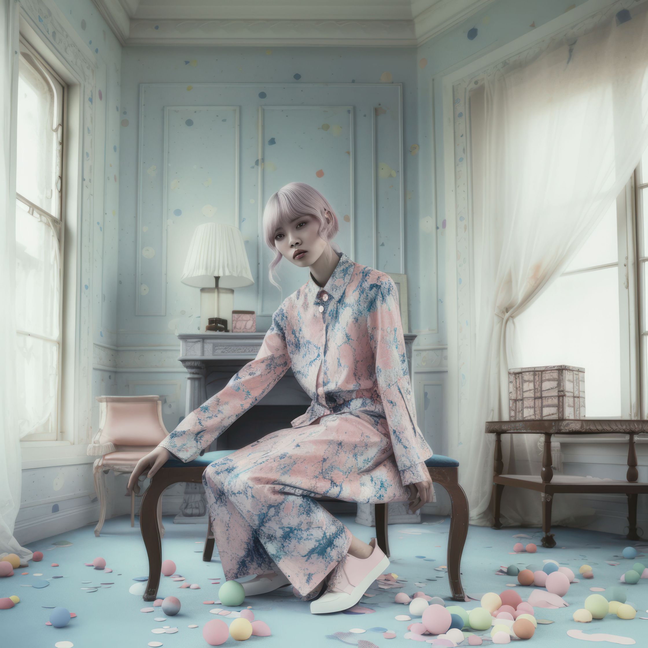 a girl in a pink pajama sitting on a chair