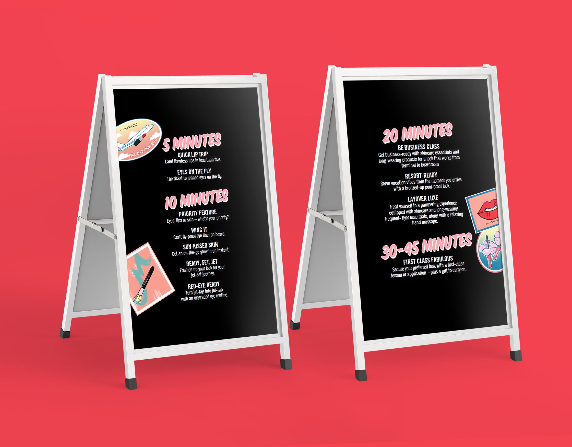 two MAC Cosmetics menu boards with illustrations by Paul Tuller