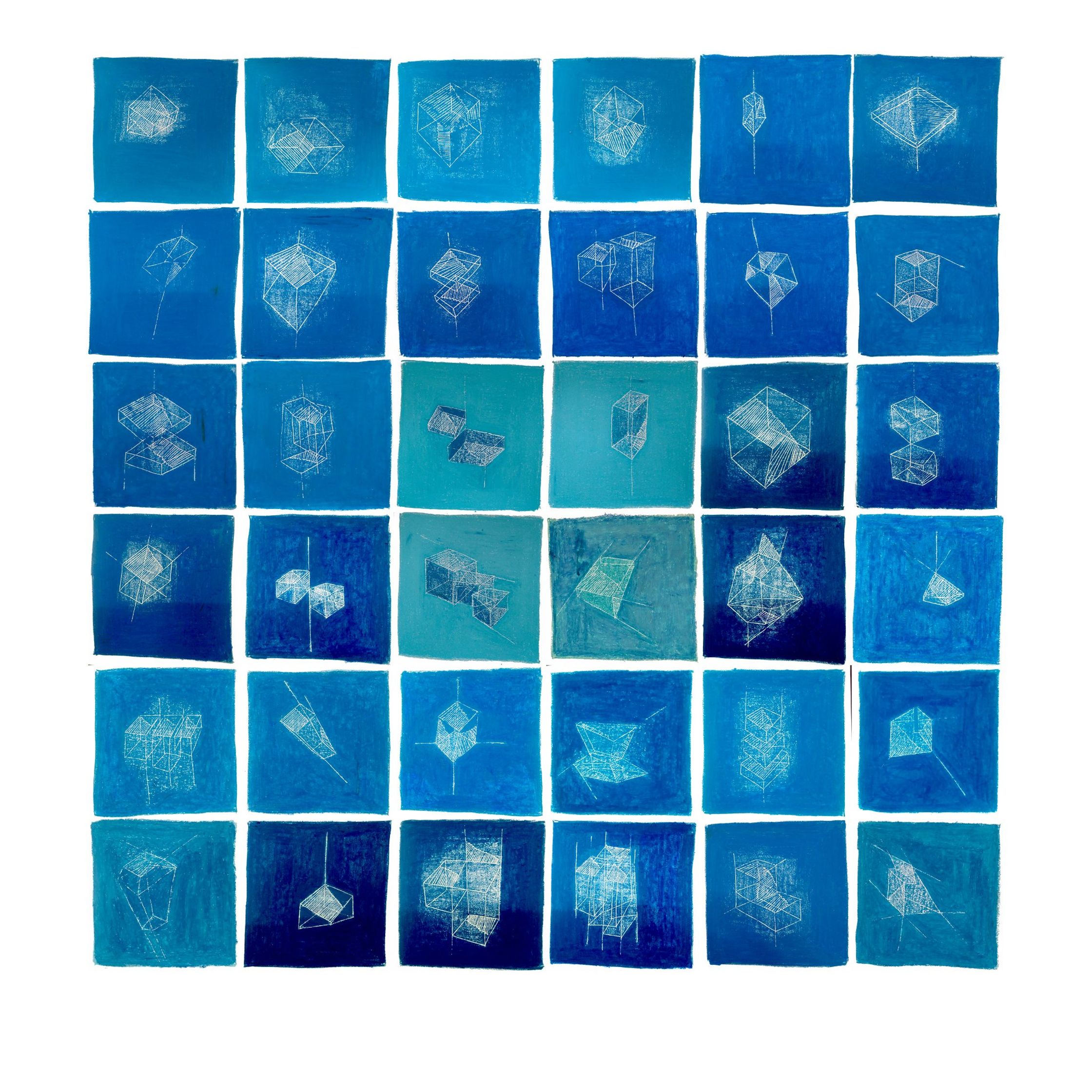 a series of blue squares with various objects on them