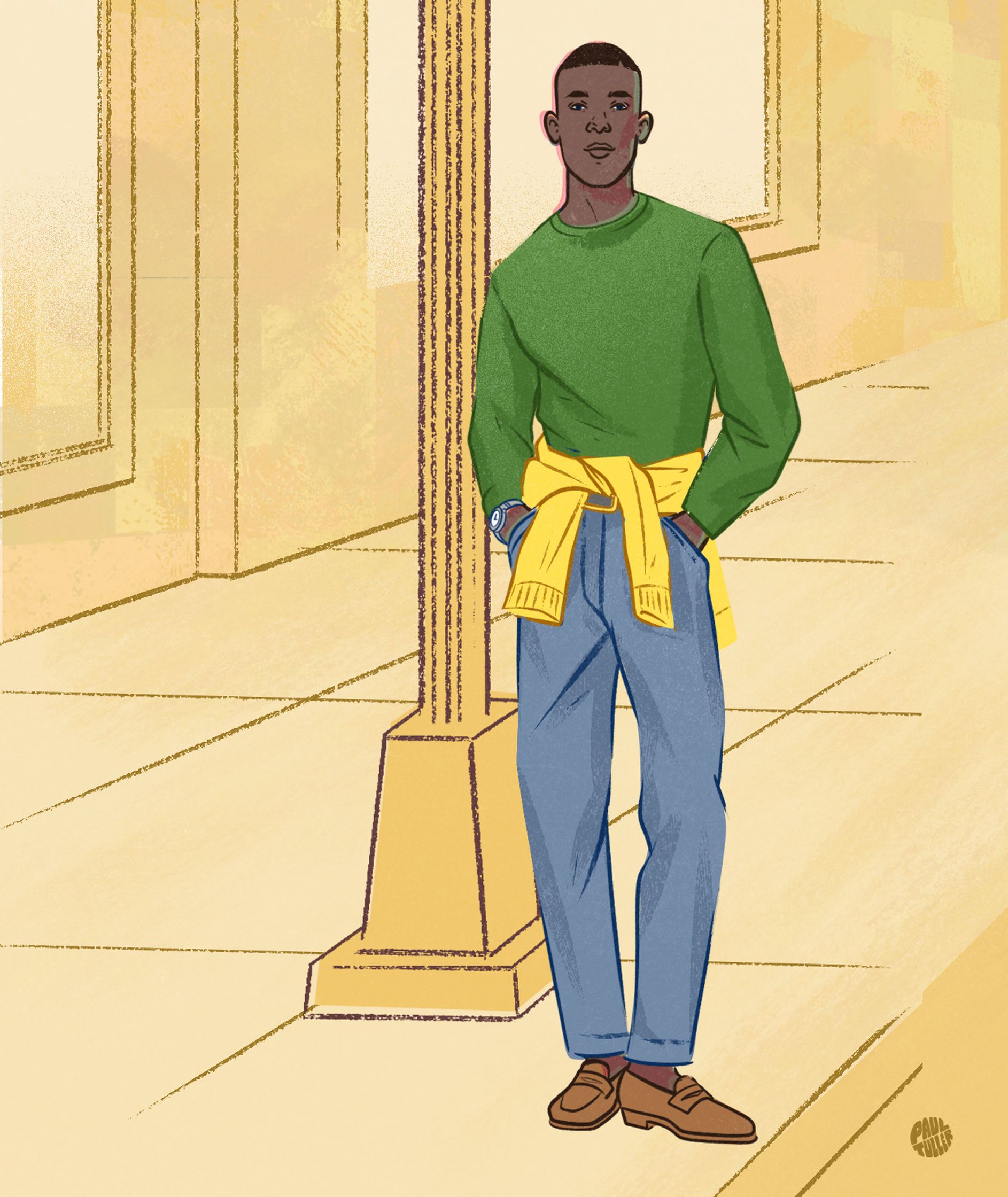 a menswear style illustration by Paul Tuller of a man with a sweater around his waist for The Wall Street Journal