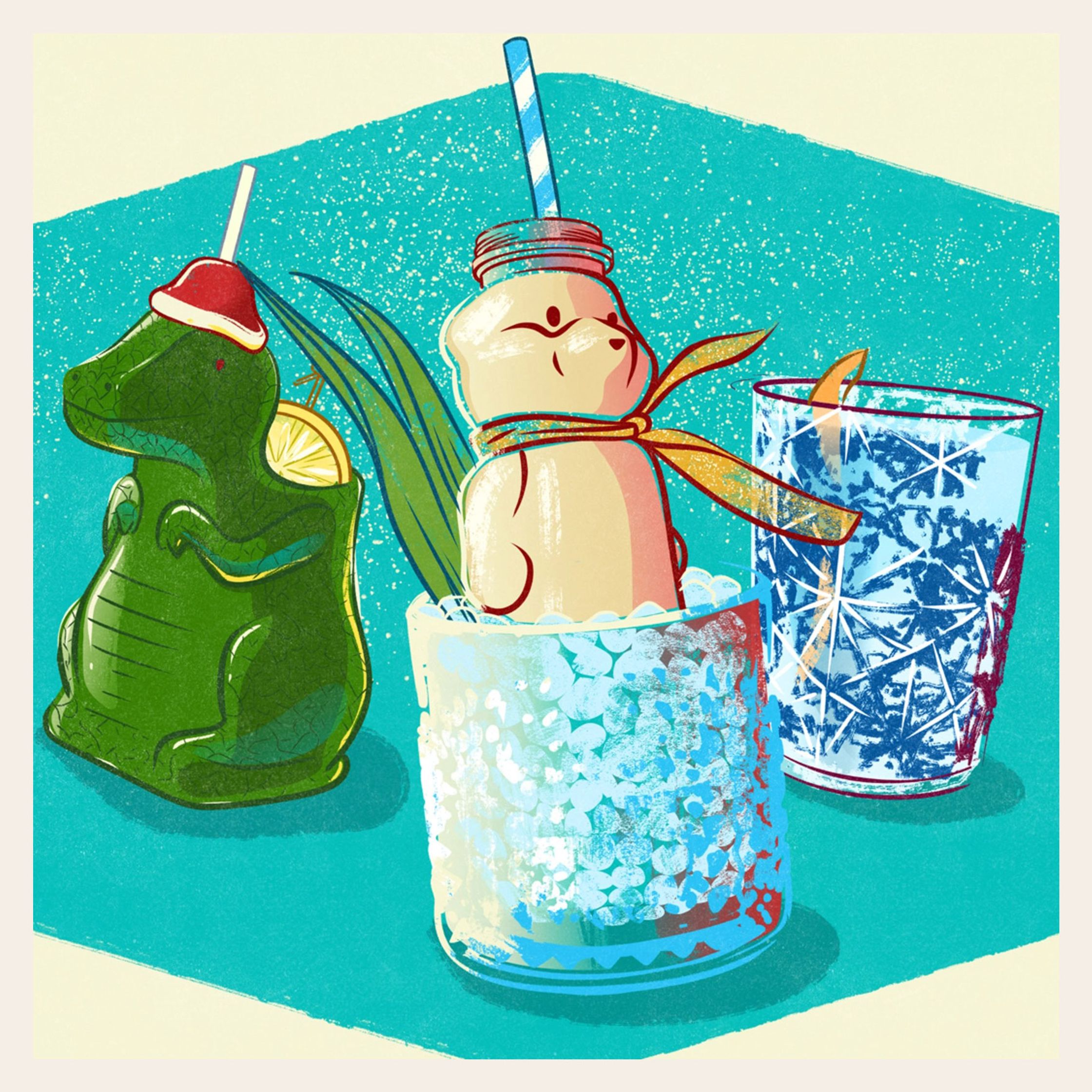 cocktail illustrations with a santarex, teddy bear, and blue negroni by Paul Tuller