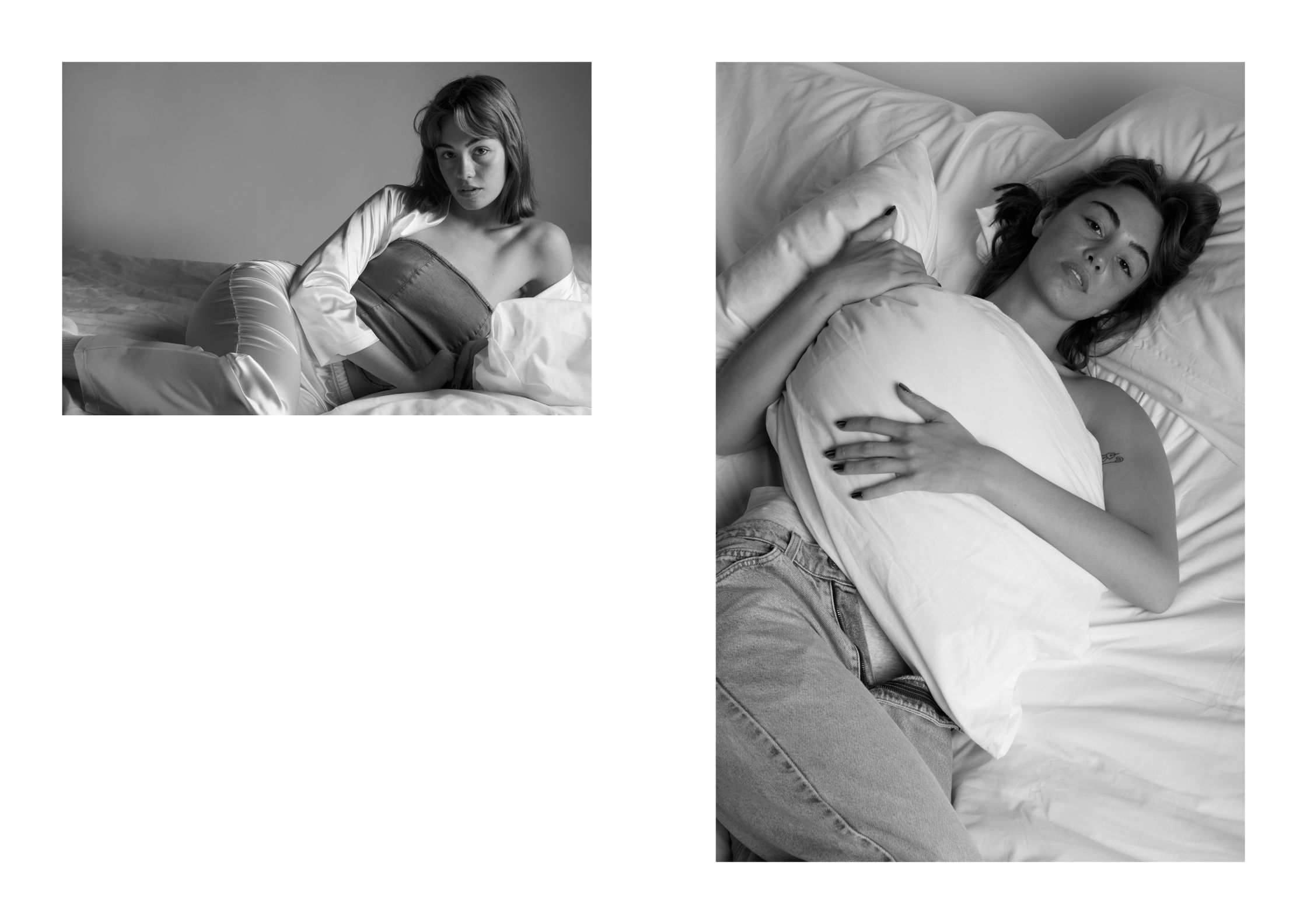 two black and white photos of a woman laying in bed