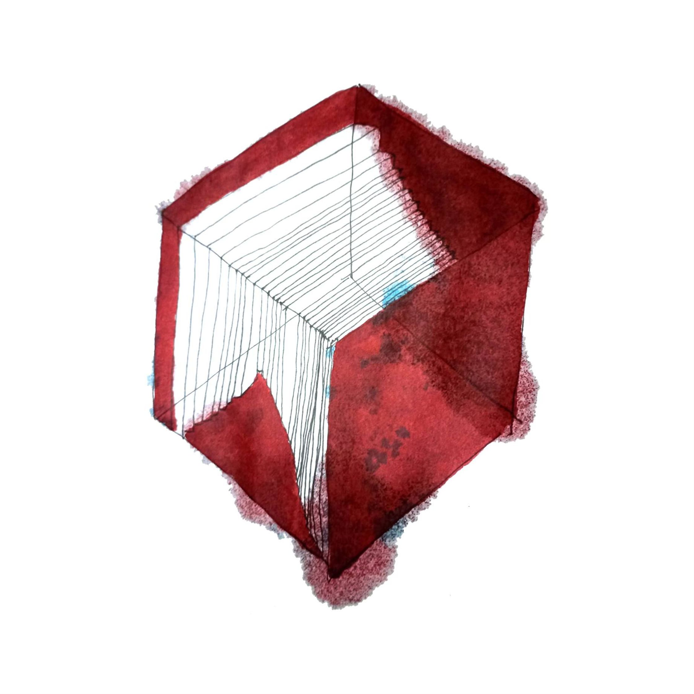 a drawing of a red cube on a white background