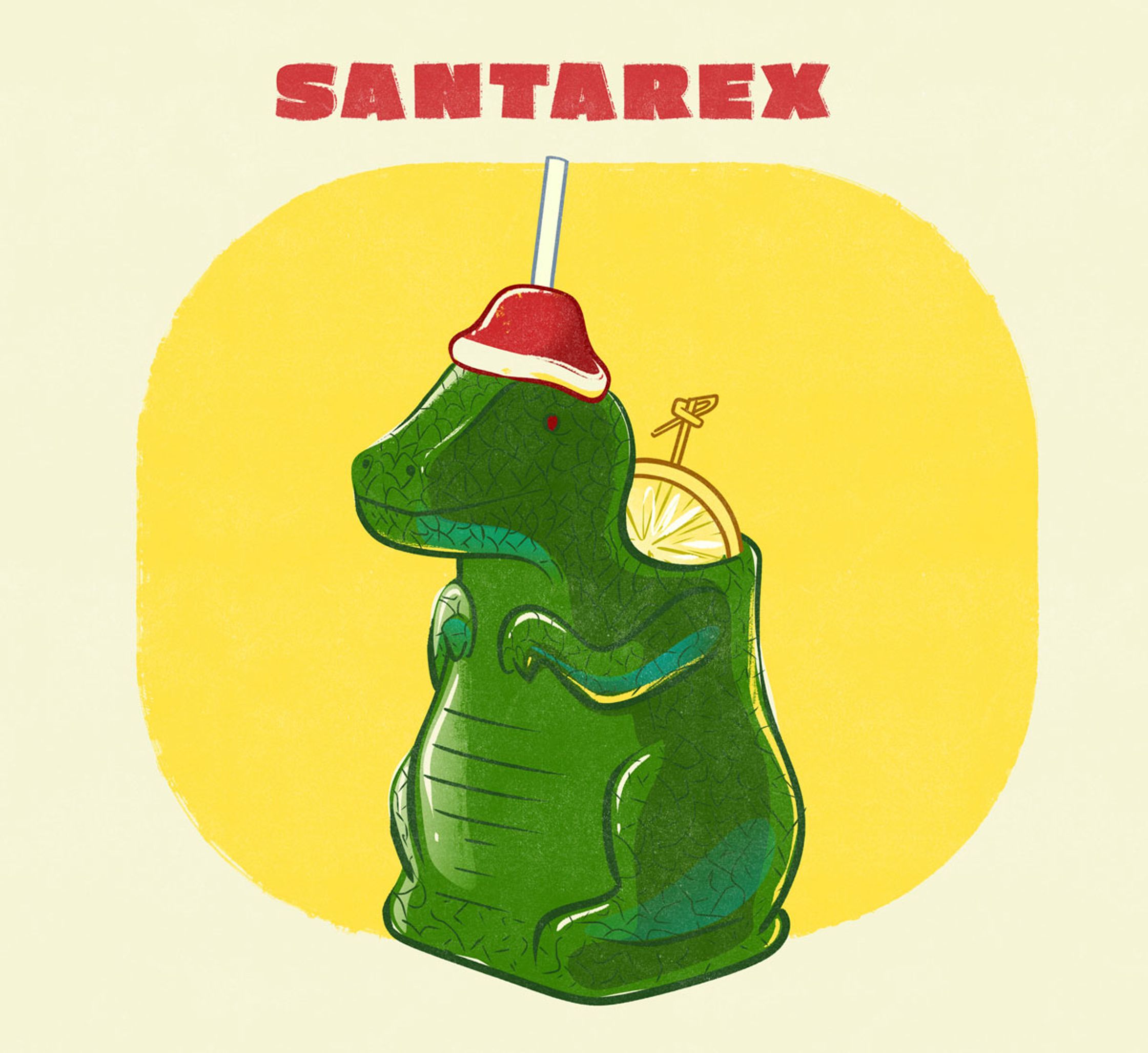 a coctail illustration of a t-rex with a santa hat by Paul Tuller for Coolhunting 