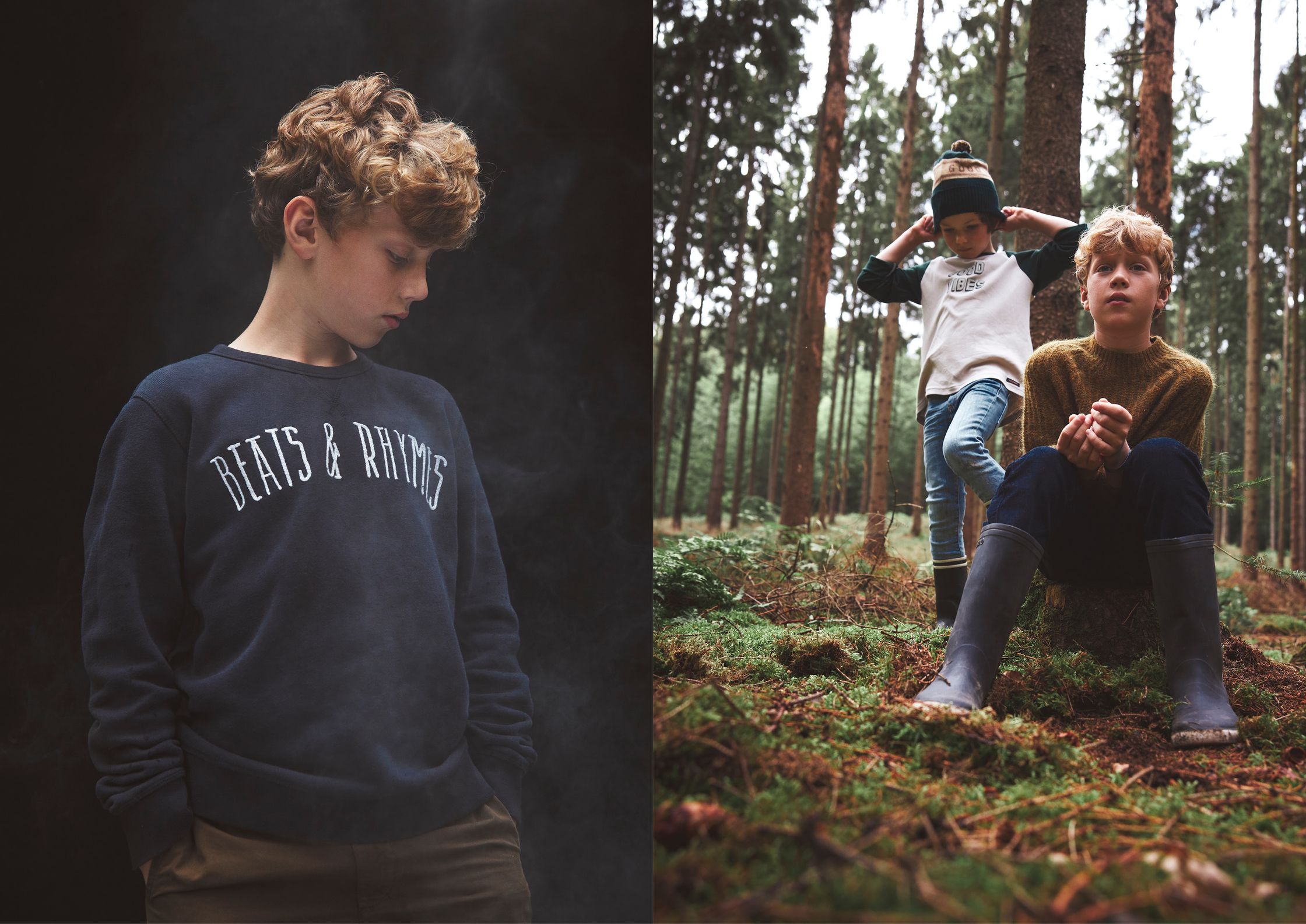 two pictures of boys in the woods