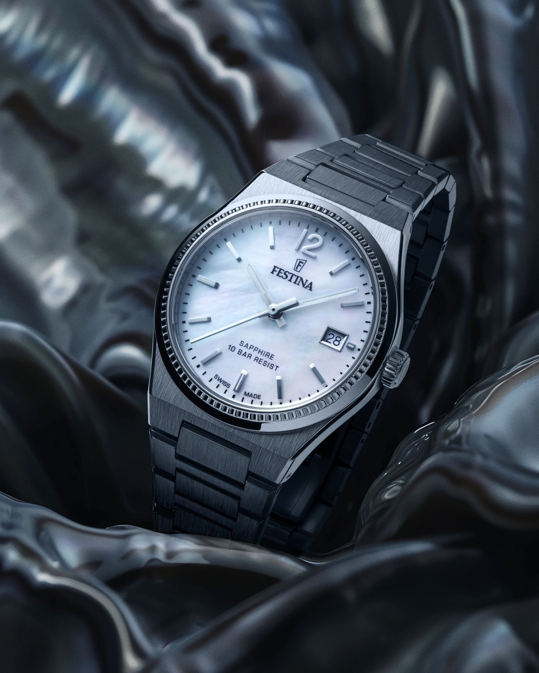 a watch with a mother-of-pearl dial sitting on an AI generated background