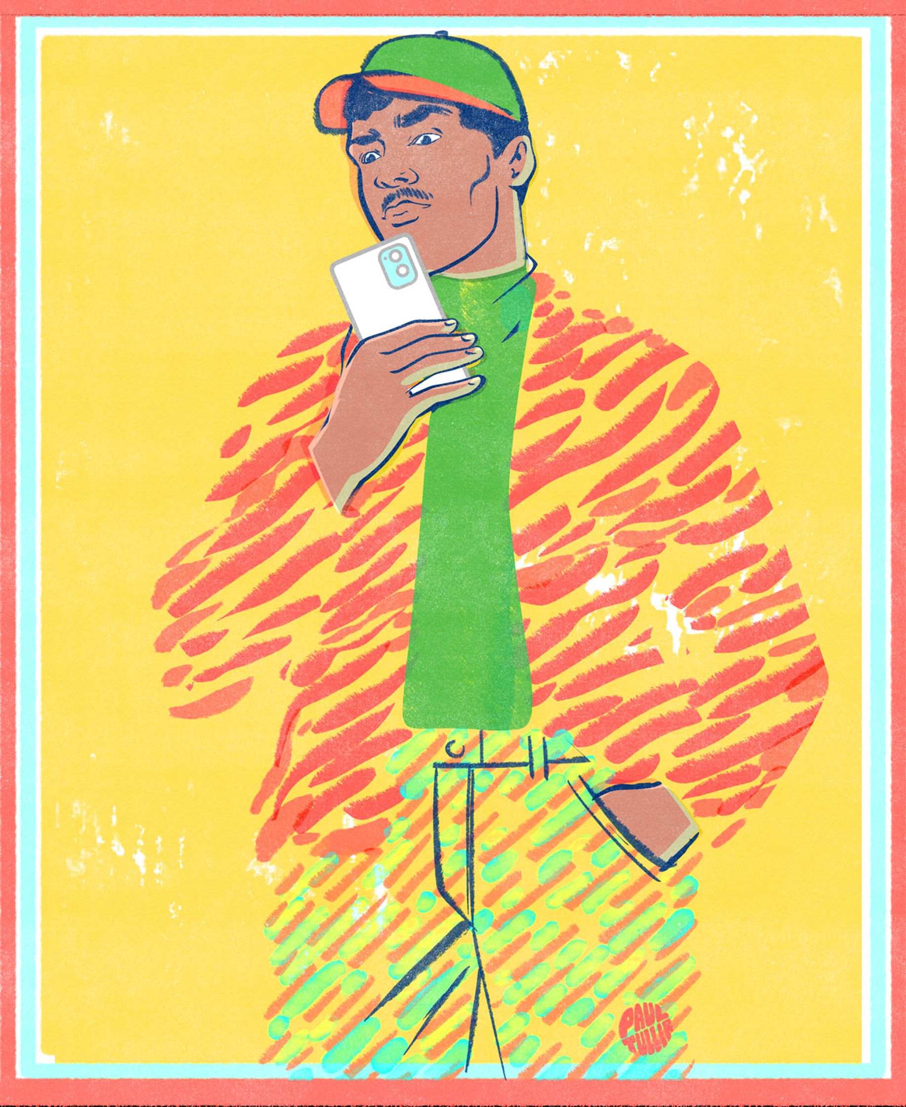 a style illustration  by Paul Tuller of a man in cool patterns holding a cell phone