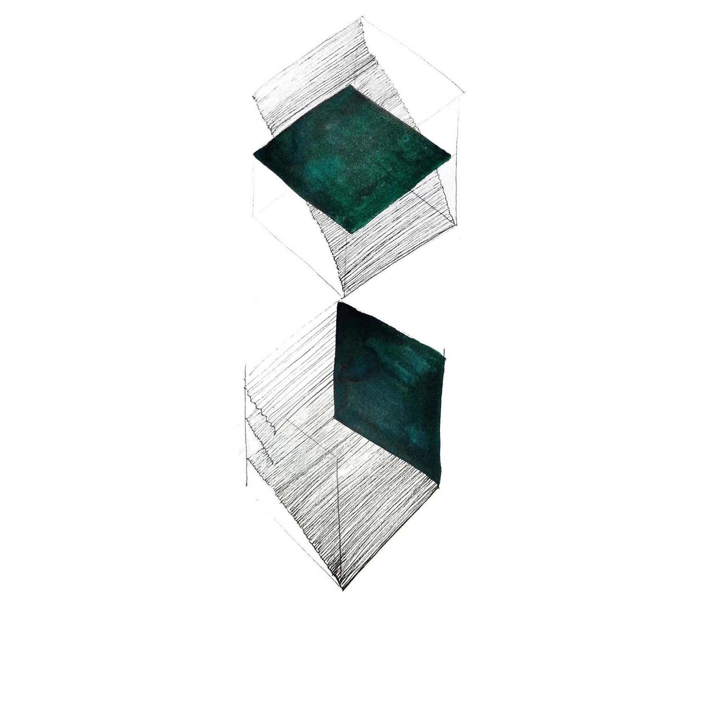 a drawing of a green cube and a white cube