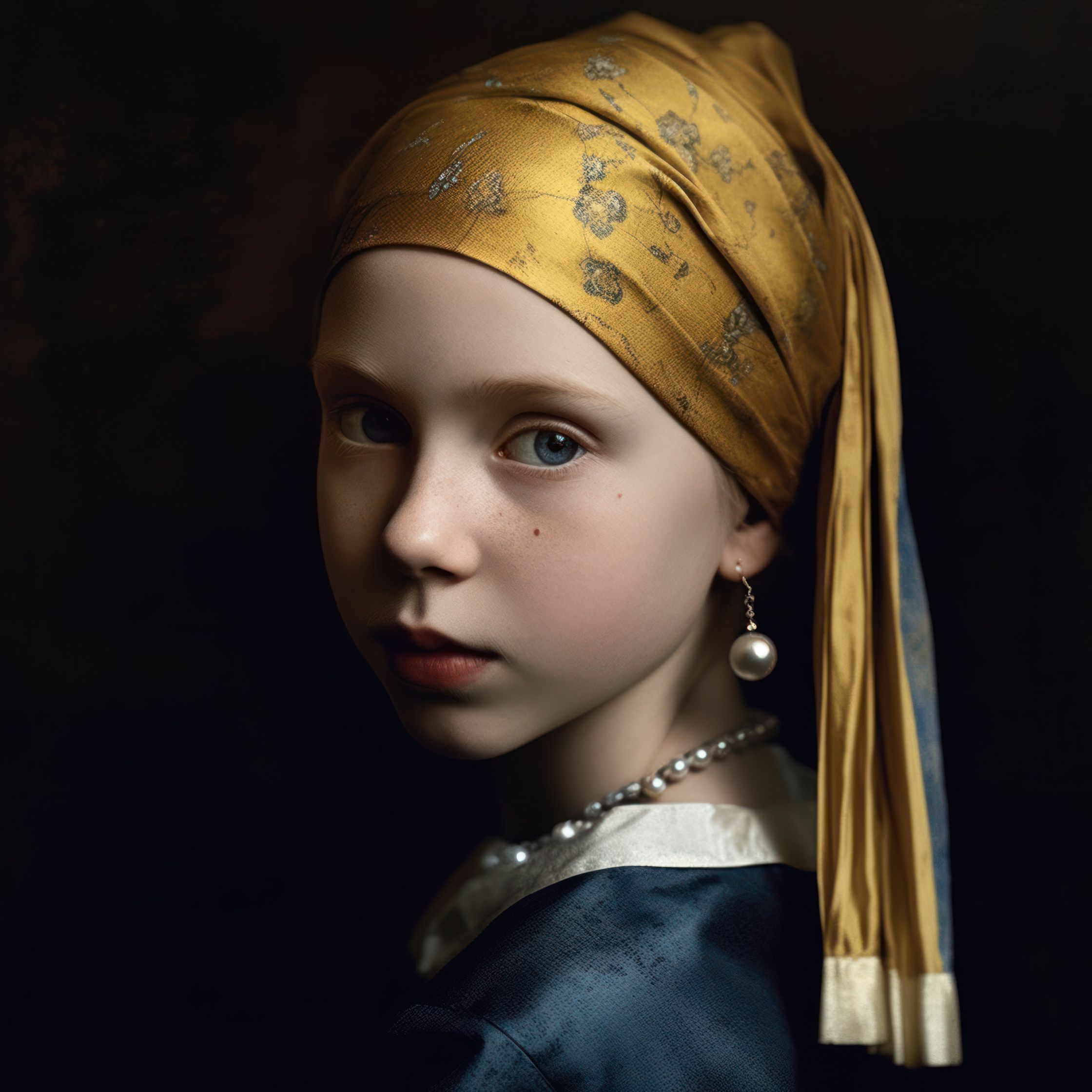 a girl with a pearl earring like the famous painting from Jan Vermeer, AI artwork