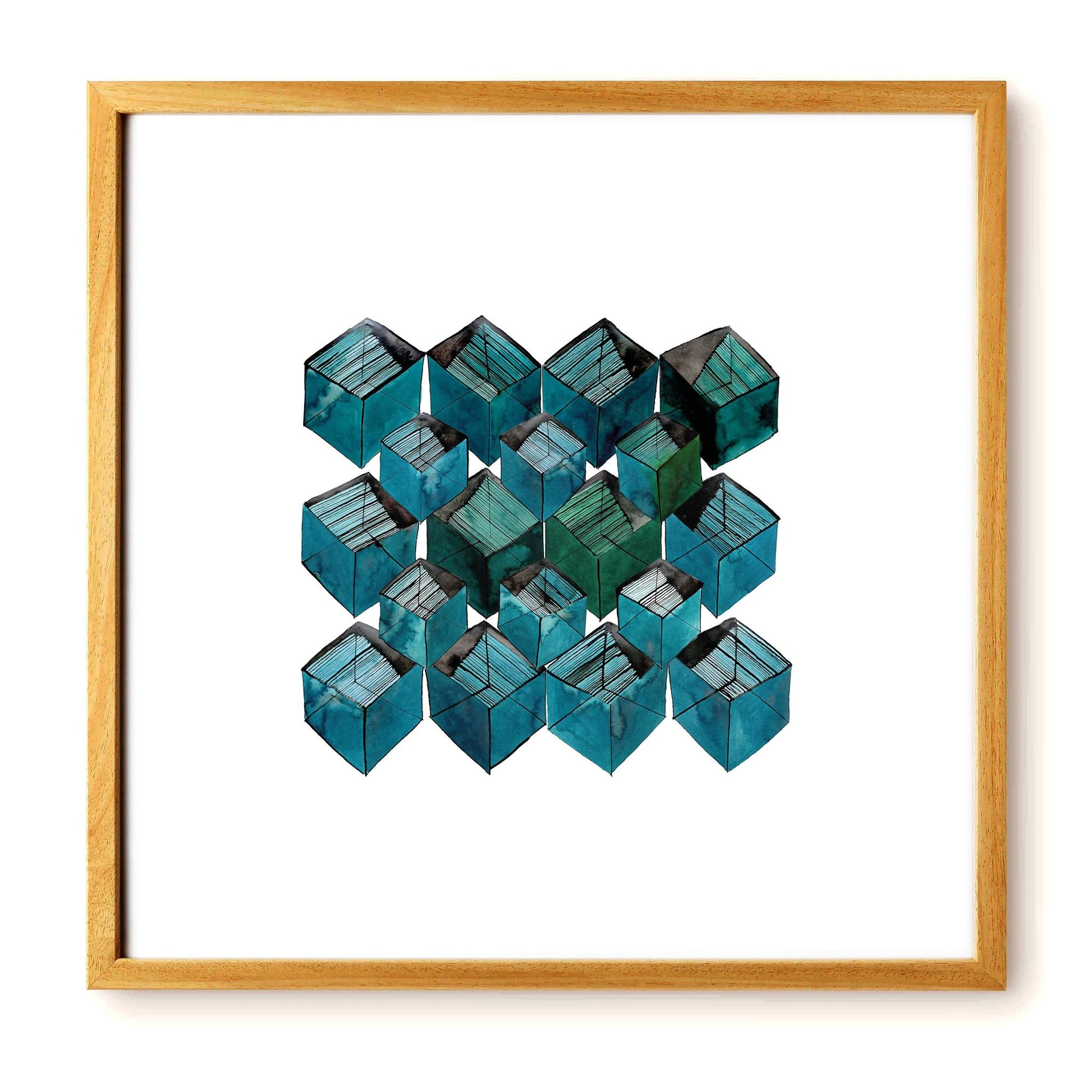 a ink composition of green cubes in a wooden frame