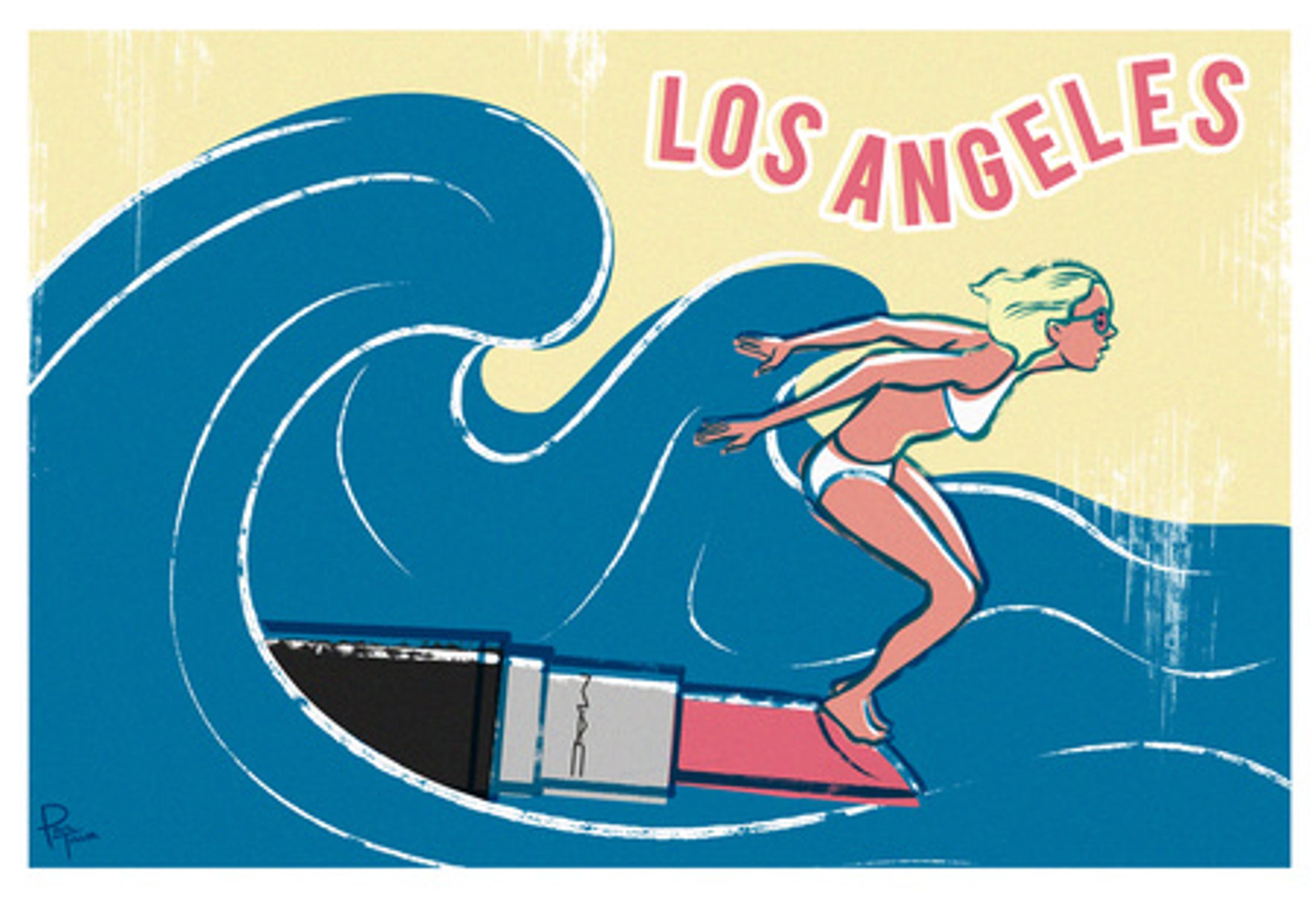 an illustration by Paul Tuller of a woman riding lipstick as a surfboard on a wave in Los Angeles